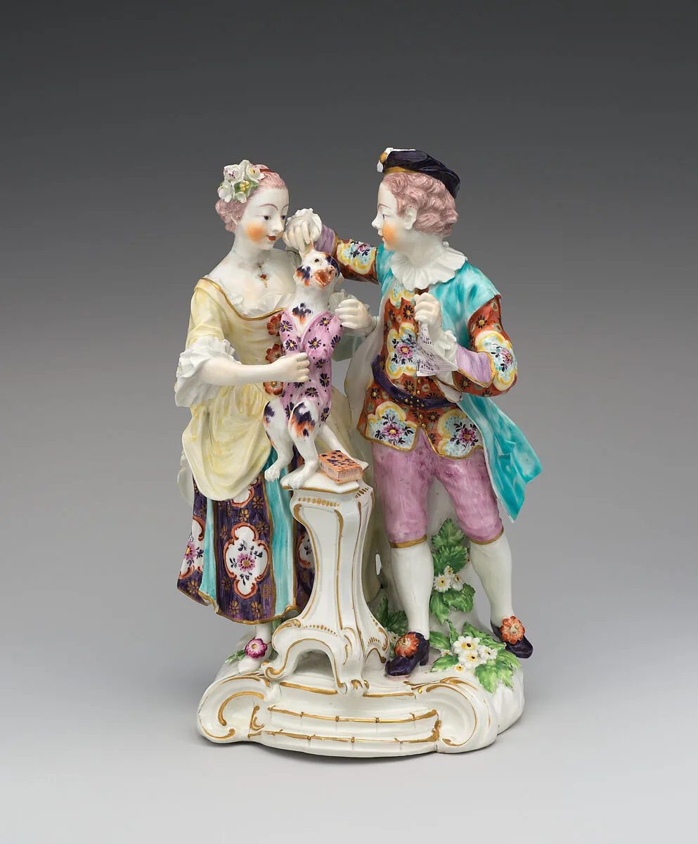 Man and girl with dog dressed as harlequin — Derby Porcelain Manufactory