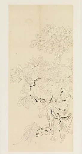 現代 謝稚柳 牡丹秀石圖 軸|Peonies and Rock