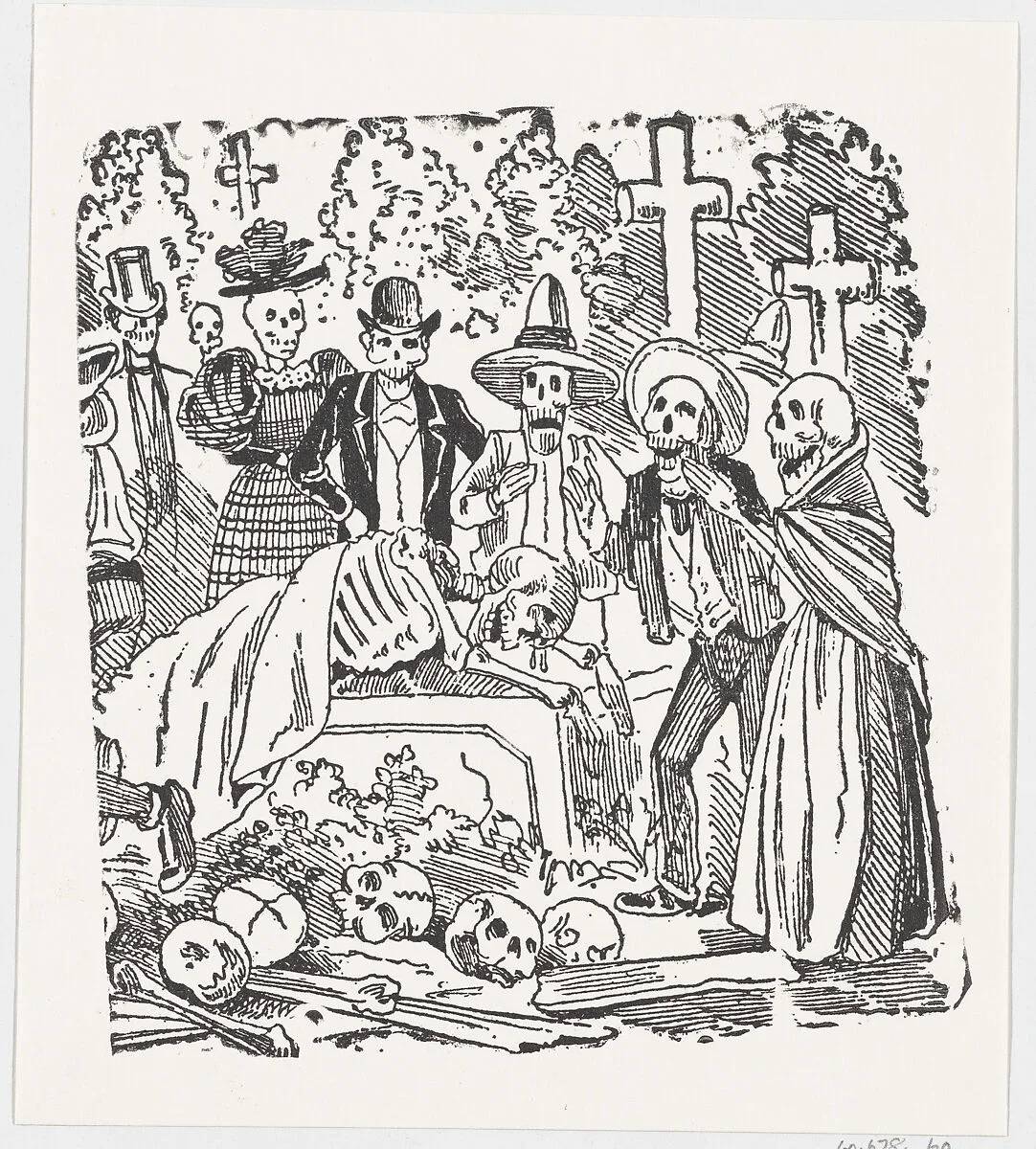 A skeleton covered with a sheet crying in a cemetery, from a broadside entitled ' Calavera llorando el hueso' — José Guadalupe Posada|José Sanchez