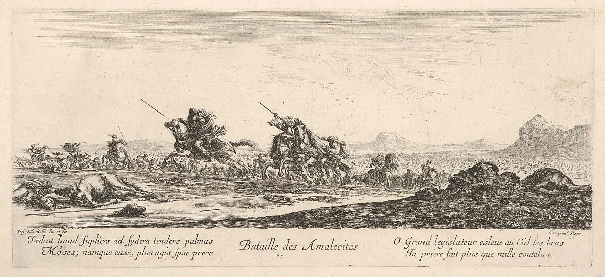 Battle of the Amalekites (Bataille des Amalecites), Amalekites on horseback gallop towards the left, pursued by the Israelites, a dead man to right, a dead horse to left — Stefano della Bella
