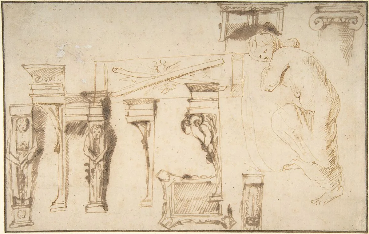 Design for a Chimney Place and Study of a Nude Female Figure — Peter Paul Rubens|Anonymous, Flemish, 17th century