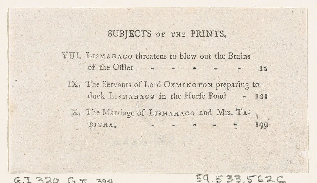 List of Plates VIII-X, from Tobias Smollett's "The Expedition of Humphry Clinker" (London, 1793), Vol. 1 — Thomas Rowlandson