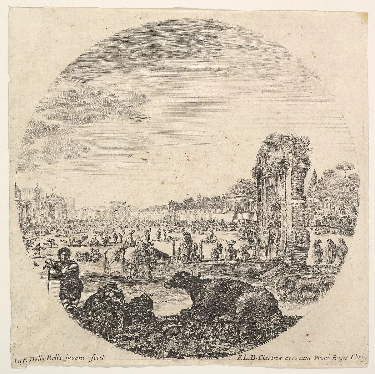 Plate 2: Campo Vaccino, a buffalo and two shepherds in center, the Fontanone to right in the middleground, various animals and people in the background, a round composition, from 'Roman landscapes and ruins' (Paysages et ruines de Rome) — Stefano della Bella|François Langlois