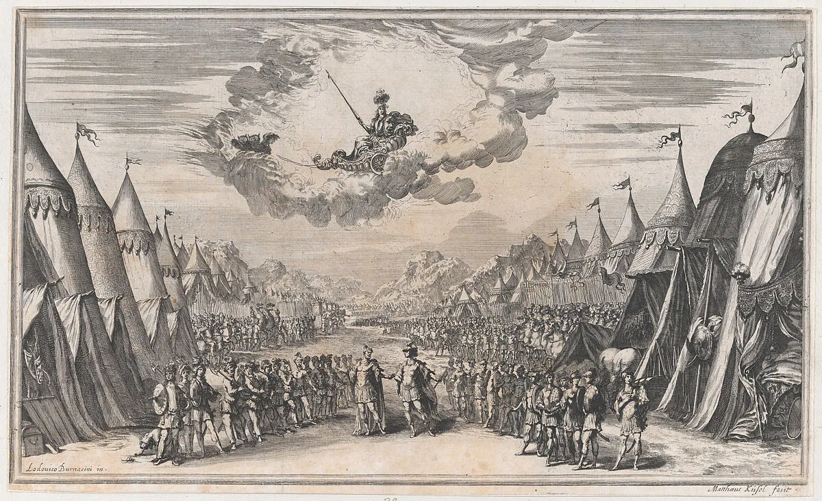 The leaders of two armies conversing, their respective troops and camps on either side; above, Minerva observes from her chariot; set design from 'Il Pomo D'Oro' — Ludovico Ottaviano Burnacini|Mathäus Küsel