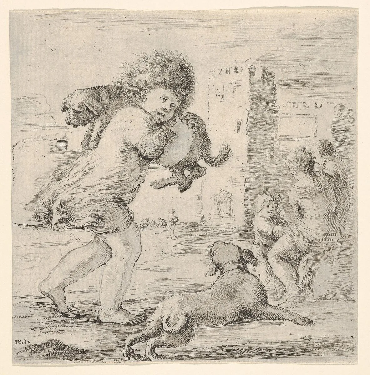 Child carrying a dog over his shoulder, walking towards the right, another dog running alongside to right, a woman with two children to right in the background — Stefano della Bella