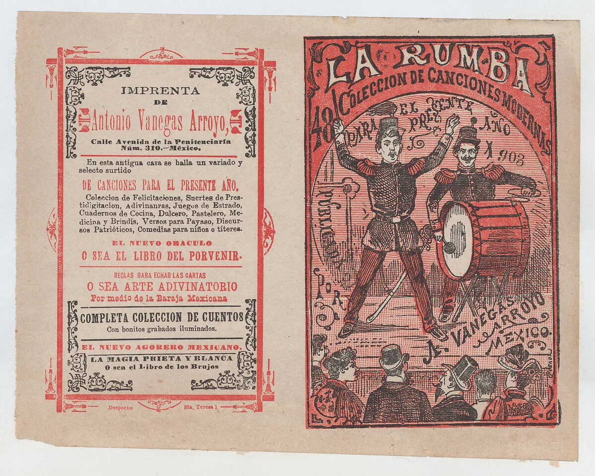 Cover for 'La Rumba: Coleccion de Canciones Modernas para el Presente Año 1903', a conductor and a drummer performing on stage for an audience — Antonio Vanegas Arroyo|José Guadalupe Posada