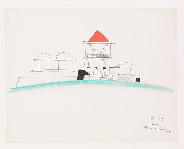Preliminary Sketch, January-February, 1986: Elevation, Daniel Wolf Residence, Ridgway, Colorado — Ettore Sottsass