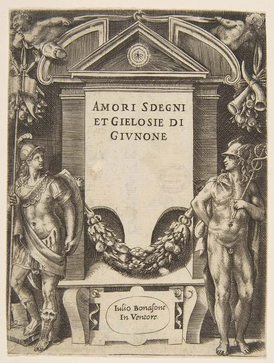 Title plate to "Loves, Rages and Jealousies of Juno" — Giulio Bonasone