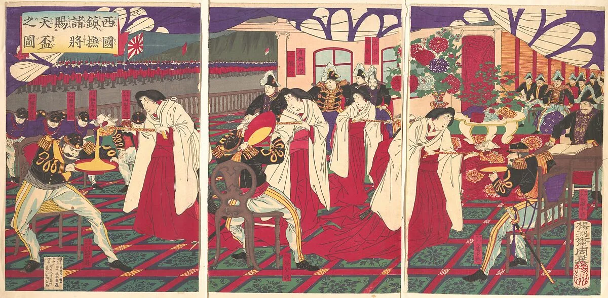 西国鎮静撫諸将天杯賜之図|Illustration of the Commanders who Pacified Western Japan, Receiving the Emperor's Gift Cups (Saigoku chinbu shoshō tenpai o tamau no zu) — Yōshū (Hashimoto) Chikanobu