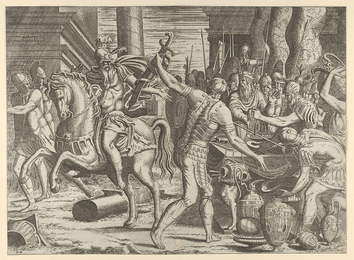Brennus throwing his sword on the scales before Camillus — Léon Davent|Luca Penni