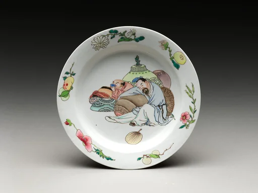 清    景德鎮窯粉彩醉飲圖盤|Plate with a drunken scholar and an attendant