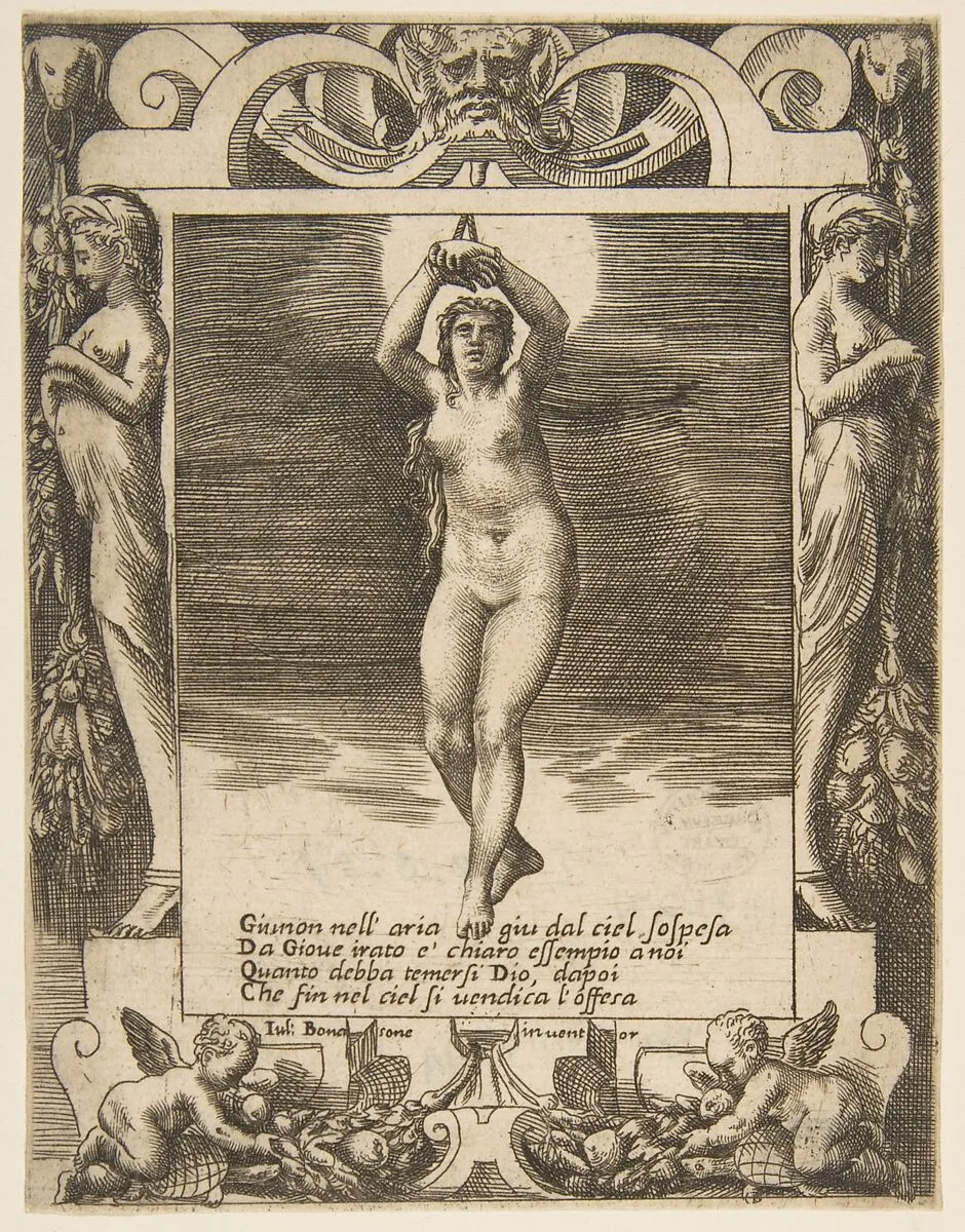 Juno suspended in the air, set within a frame, from "Loves, Rages and Jealousies of Juno" — Giulio Bonasone