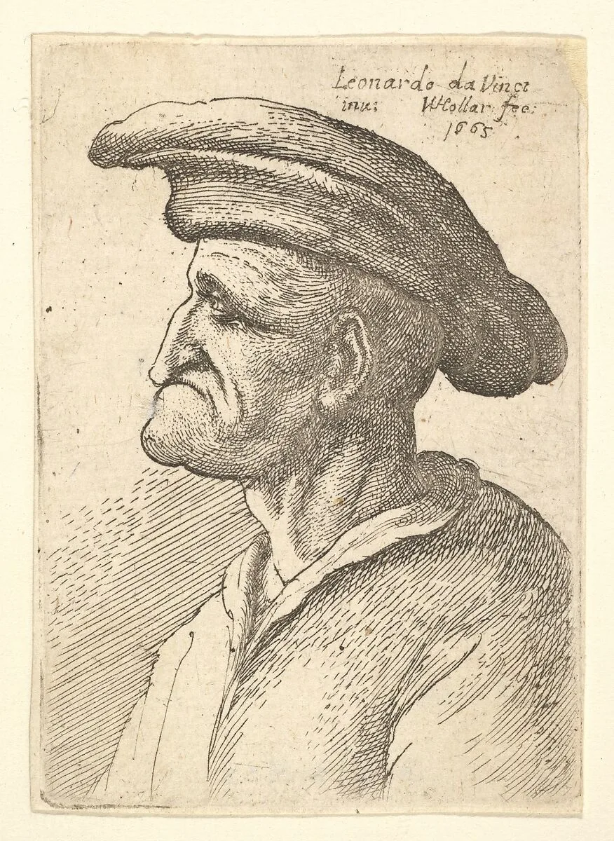 Bust of elderly man with nose that meets his lower lip, wearing wide flat cap in profile to left — Leonardo da Vinci|Wenceslaus Hollar