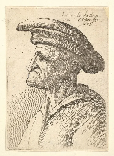 Bust of elderly man with nose that meets his lower  lip, wearing wide flat cap in profile to left