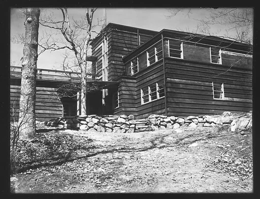 [Rear View of Modernist House with Brick Patio, Residence of Lyman Paine and Ruth Forbes, Naushon Island, Massachusetts]