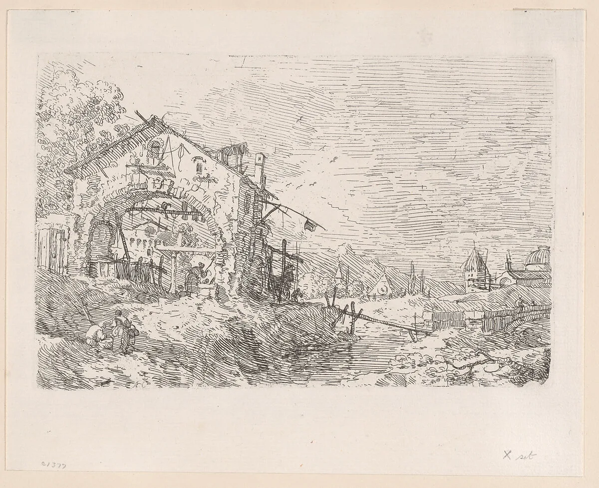 Woman drawing water from a well beneath an arcade at left, with a landscape at right — Canaletto (Giovanni Antonio Canal)