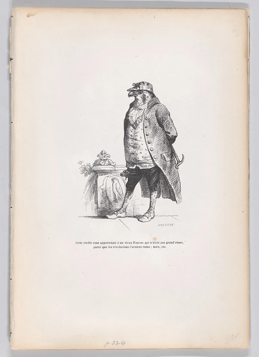 "This old court apparently has an old falcon..." from Scenes from the Private and Public Life of Animals — Honoré de Balzac|J. J. Grandville|Louis-Henri Brevière