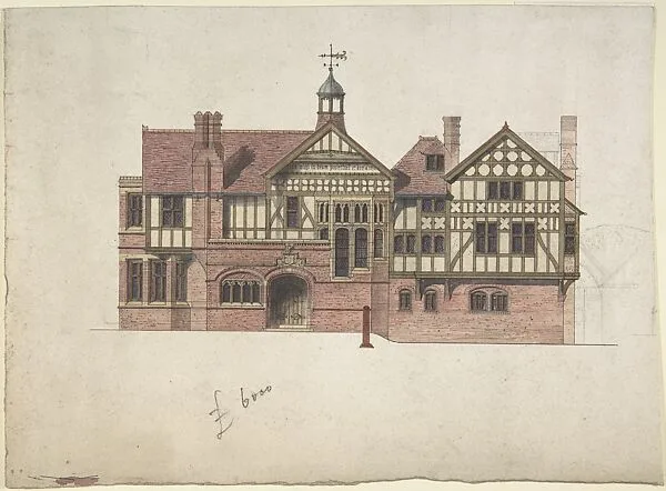 Elevation for a Multi-story Brick, Half-timbered House with Stained Glass Windows and a Small Cupola — Ernest Geldart