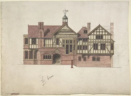 Elevation for a Multi-story Brick, Half-timbered House with Stained Glass Windows and a Small Cupola