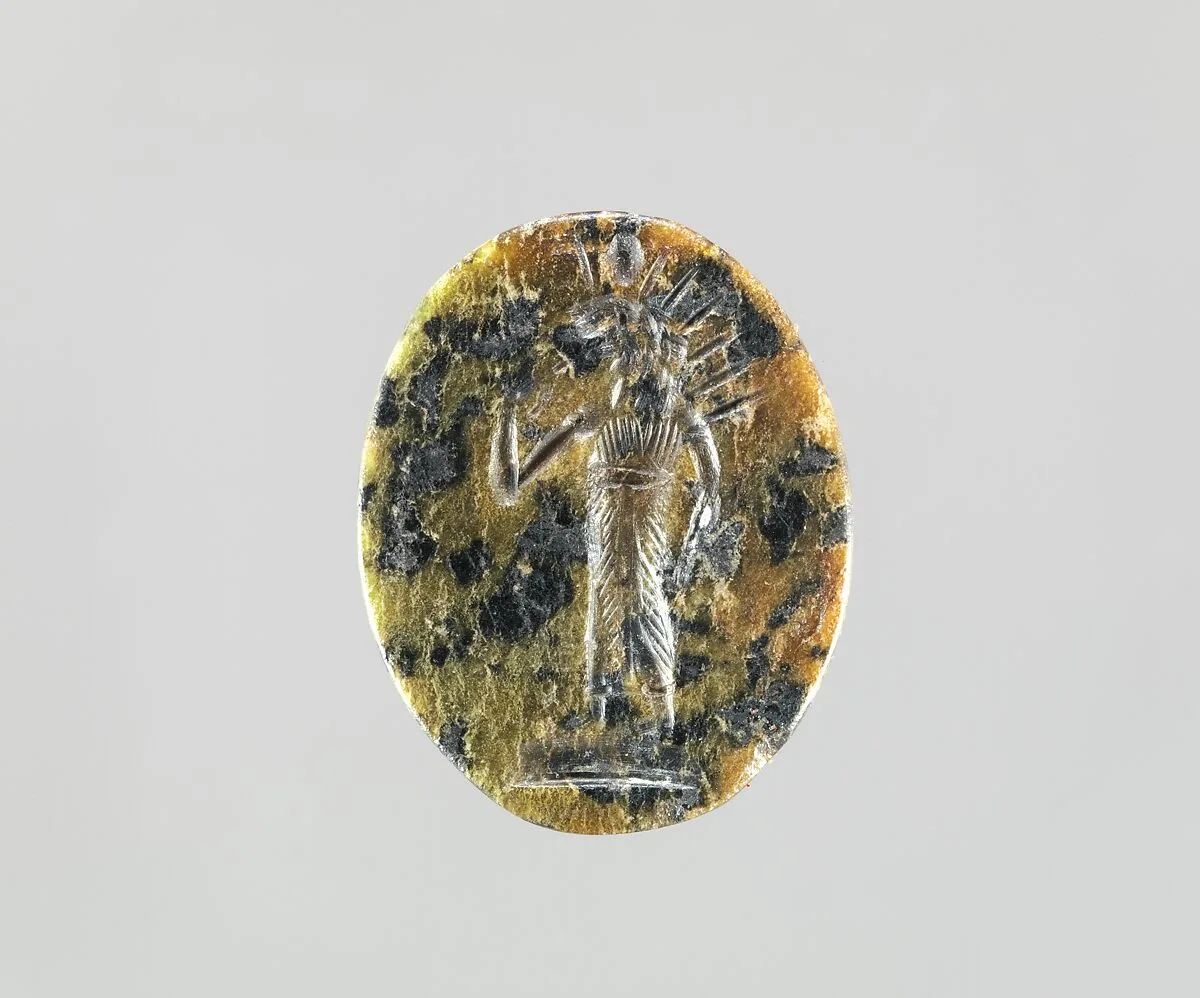 Serpentine intaglio: Radiate lion-headed god — Unknown