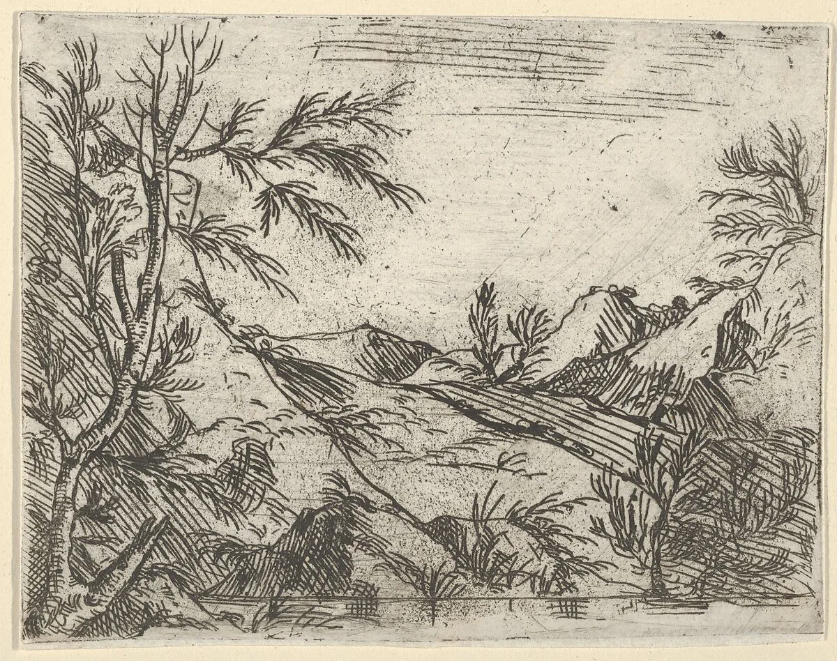 A landscape with water in the foreground and mountains in the distance — Salvator Rosa