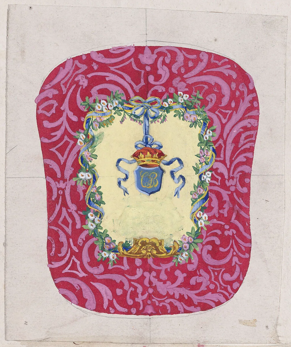 Design for a Chair Back Cover with an Ornamental Frame Formed by a Garland of Leaves and Flowers with an Interlacing Ribbon that Forms a Bow from which a Crown Motif with a Monogram Hangs — Anonymous, French, 19th century