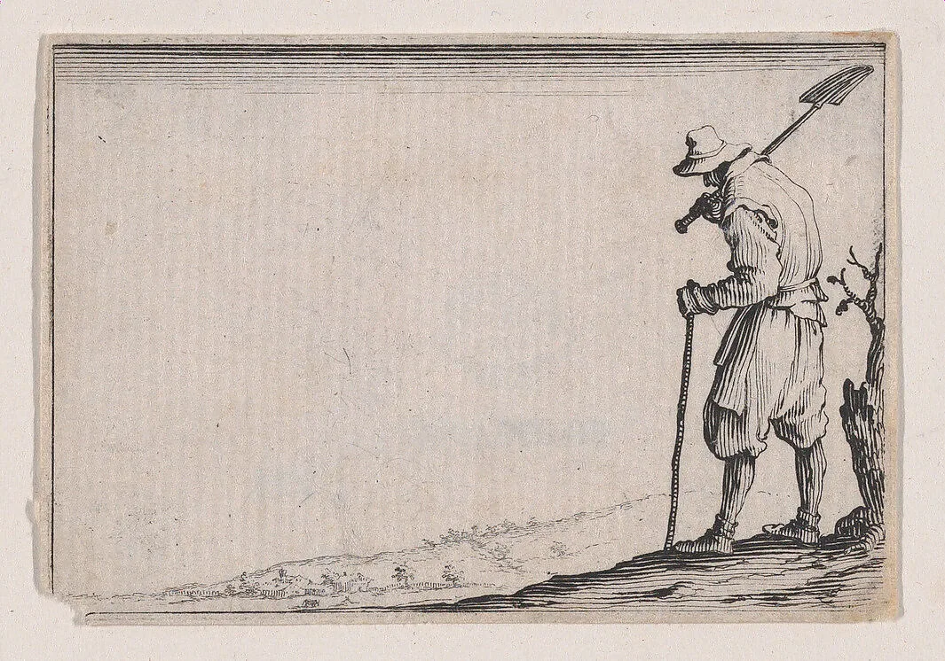 Le Paysan Portant sa Pelle sur L'Épaule (The Peasant Carrying his Shovel on his Shoulder), from Les Caprices Series A, The Florence Set — Jacques Callot|Lorenzo de' Medici