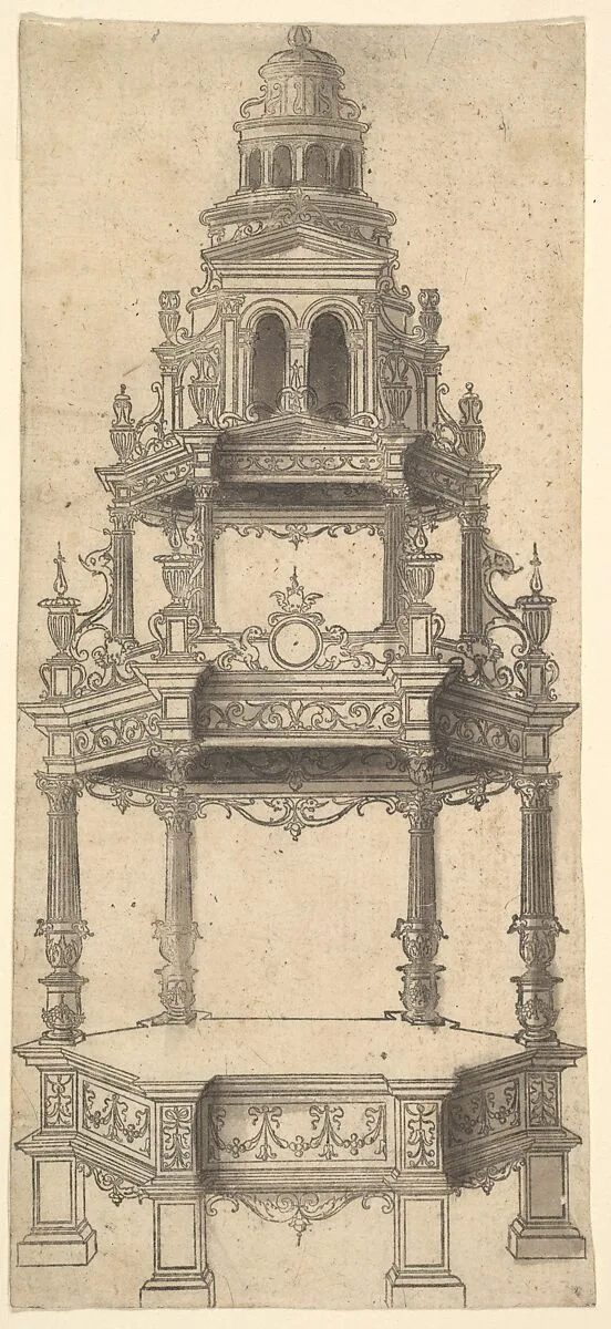 Hexagonal Raised Platform with an Architecturally-Shaped Canopy — Anonymous, French, 16th century