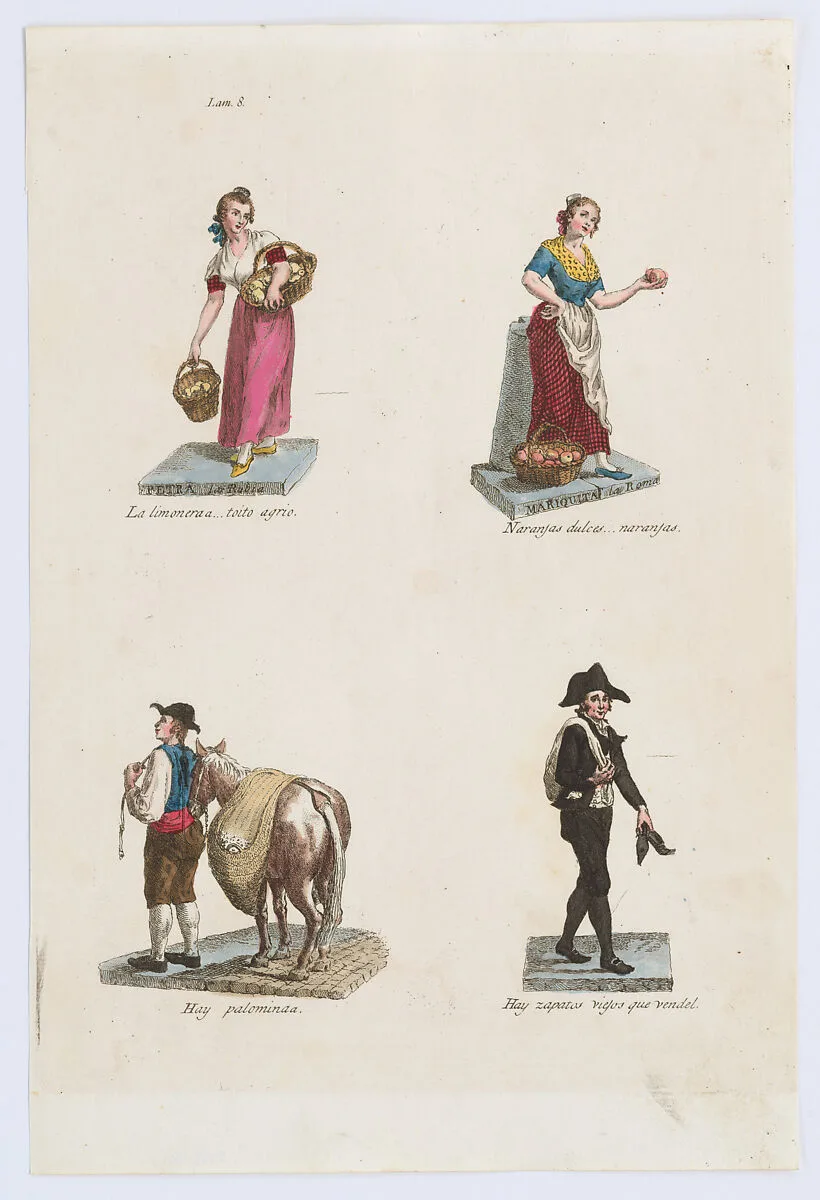 Plate 8: four street vendors from Madrid selling lemons, oranges, pigeons, and shoes, from 'Los Gritos de Madrid' (The Cries of Madrid) — Miguel Gamborino|Imprenta Real, Madrid
