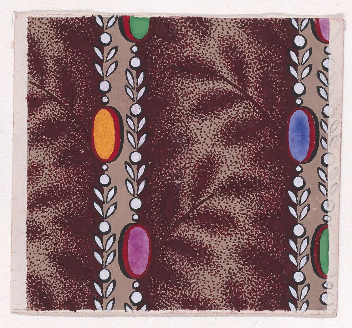 Textile Design with Vertical Stripes Framed by Strips of Ovals, Pearls and Stylized Leaves over a Stippled Background — Anonymous, Alsatian, 19th century