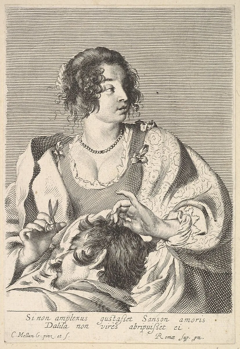Delilah preparing to cut Samson's hair with scissors in her right hand, below her chest are the head and shoulders of the sleeping Samson — Claude Mellan