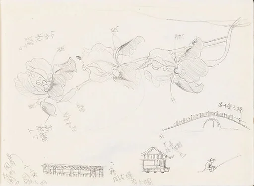 現代 謝稚柳 建築鳶尾畫稿 冊頁|Architecture and Irises
