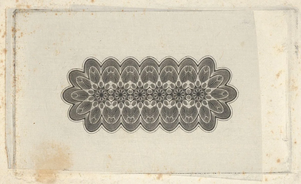 Banknote motifs: panel of lathe work ornament with rounded ends, with a repeating floral pattern — A. B. & C. Durand & Company|Durand, Perkins, and Company|Cyrus Durand