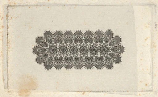 Banknote motifs: panel of lathe work ornament with rounded ends, with a repeating floral pattern