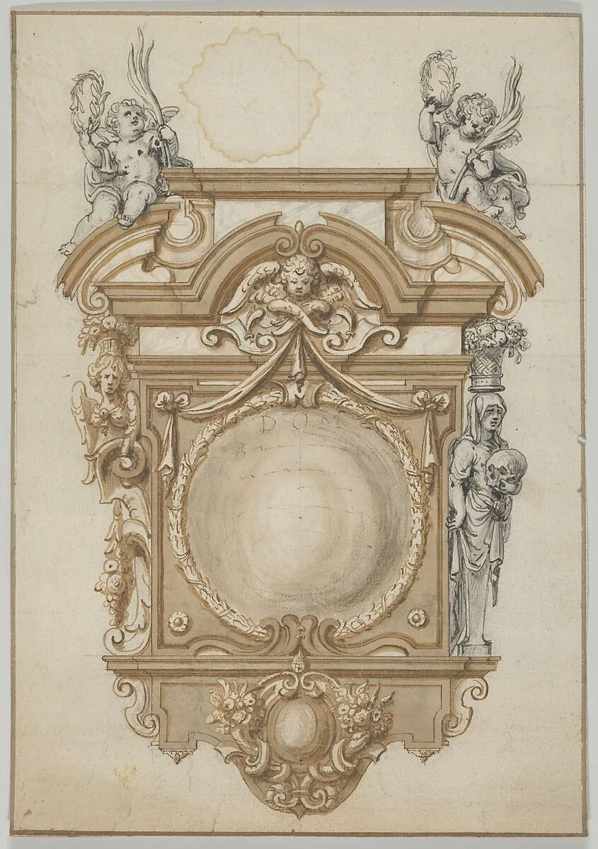 Design for an Epitaph with a Variant, flanked by Terms and surmounted by statues of Cherubs — Abraham van Diepenbeeck