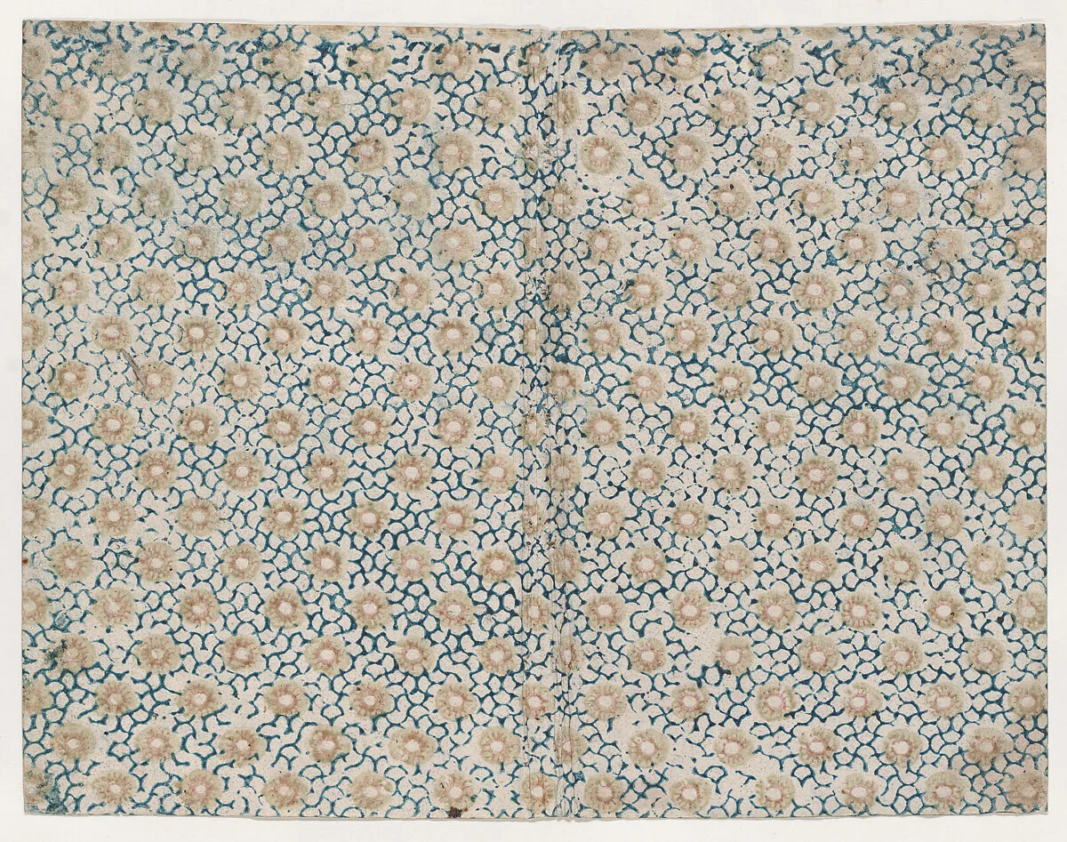 Book cover with yellow floral pattern atop blue curved lines — Anonymous