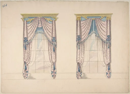 Design for Pink, White and Blue Curtains with Blue Fringes, and Gold and Blue Pediments