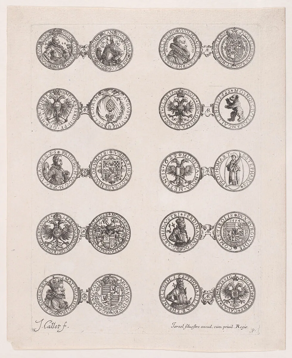 9th Plate, Featuring 10 Coins Issued by European Princes in the 16th and 17th centuries, from Les Monnaies (The Currencies) — Jacques Callot|Israel Silvestre