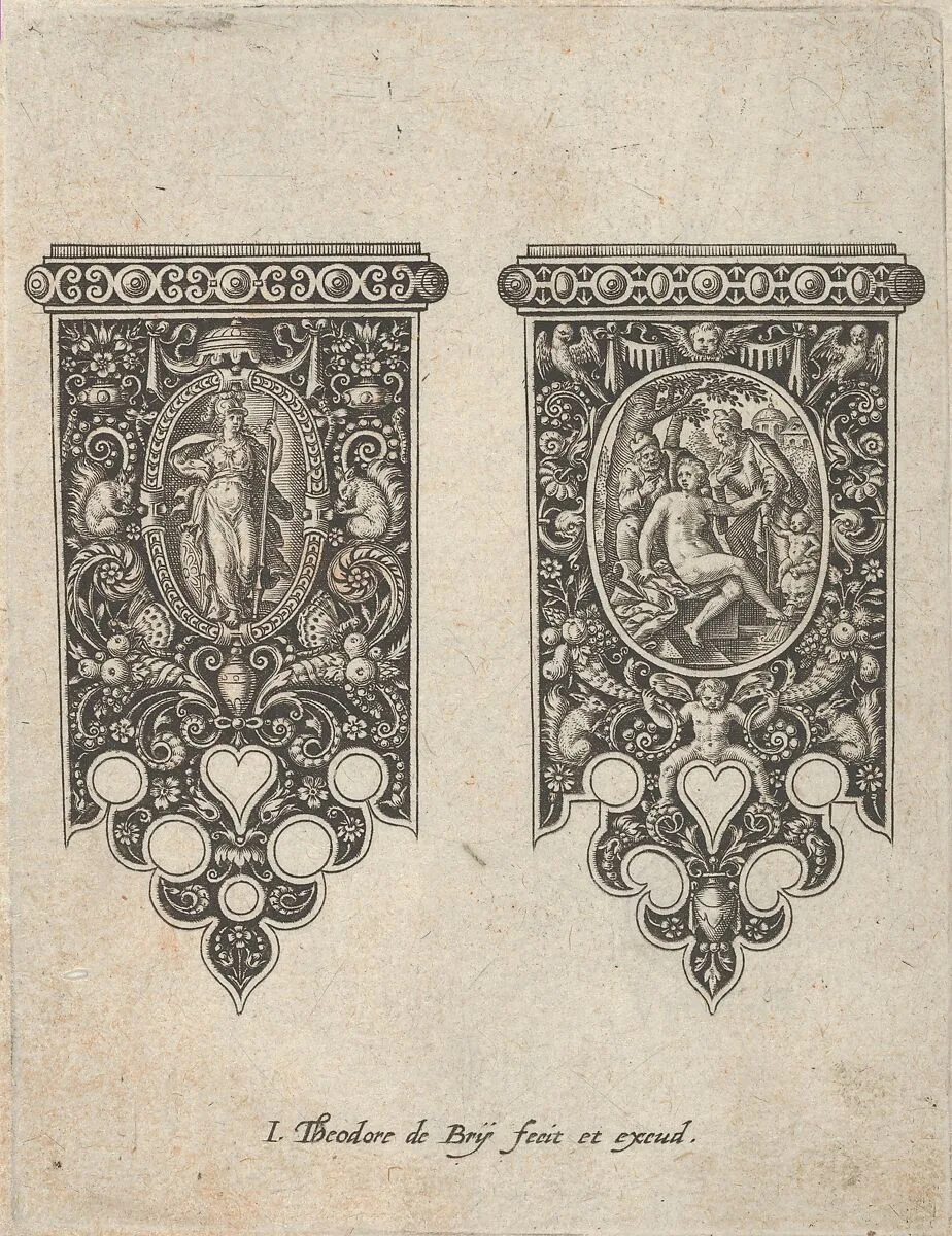 Design for Knife Handles with an Armed Woman and Susanna and the Elders, from Mansches de Coutiaus — Johann Theodor de Bry
