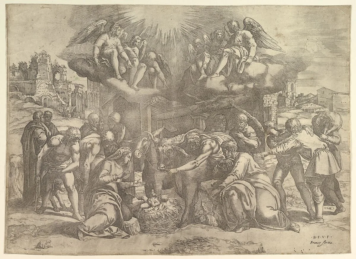 The Adoration of the Shepherds with angels overhead — Battista Franco