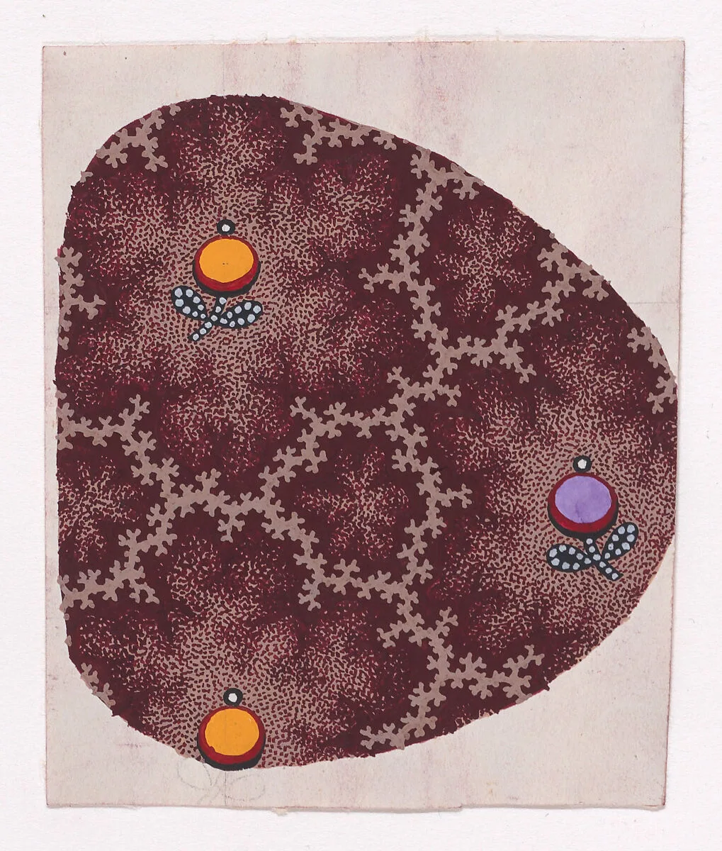 Textile Design with Alternating Rows of Circular Flower Buds on Stems with Two Leaves and Decorated by Pearls Framed with Garlands of Branches — Anonymous, Alsatian, 19th century
