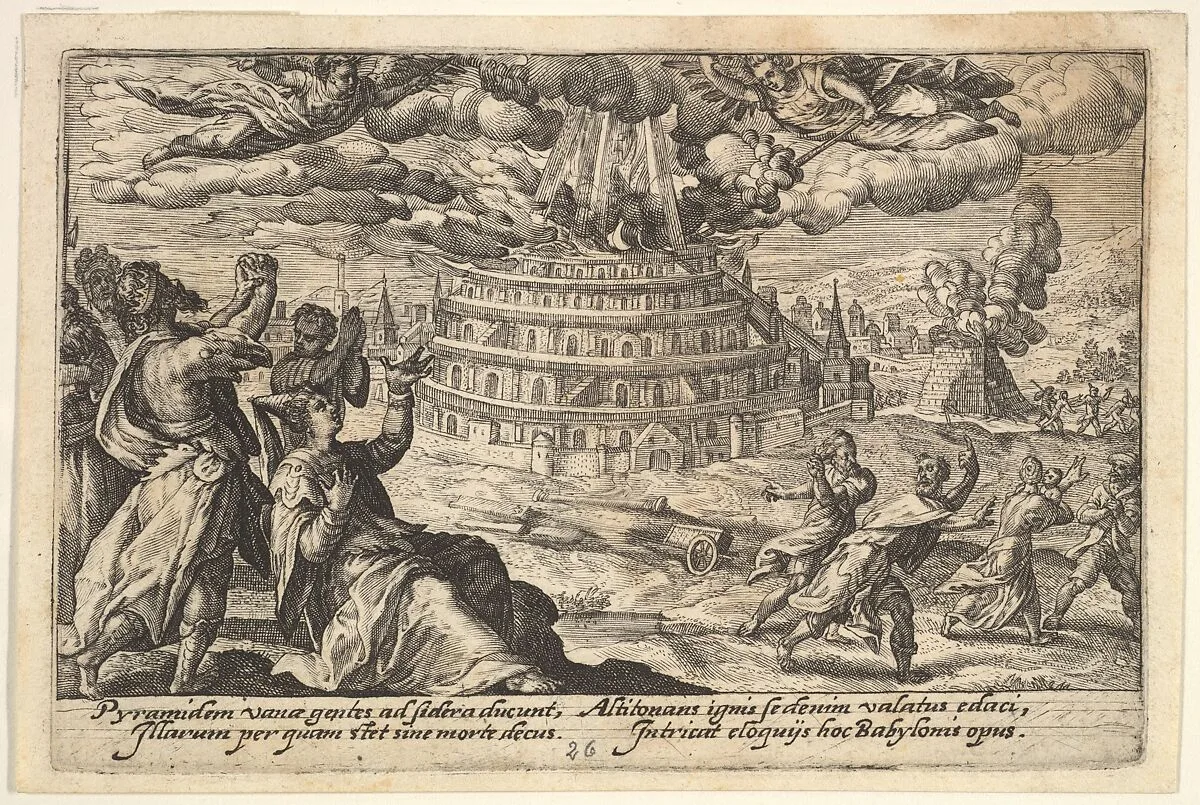 Destruction of the Tower of Babel: at right men and women flee from the burning tower, at left men and women raise their hands toward two flying angels, from "Liber Genesis" — Crispijn de Passe the Elder