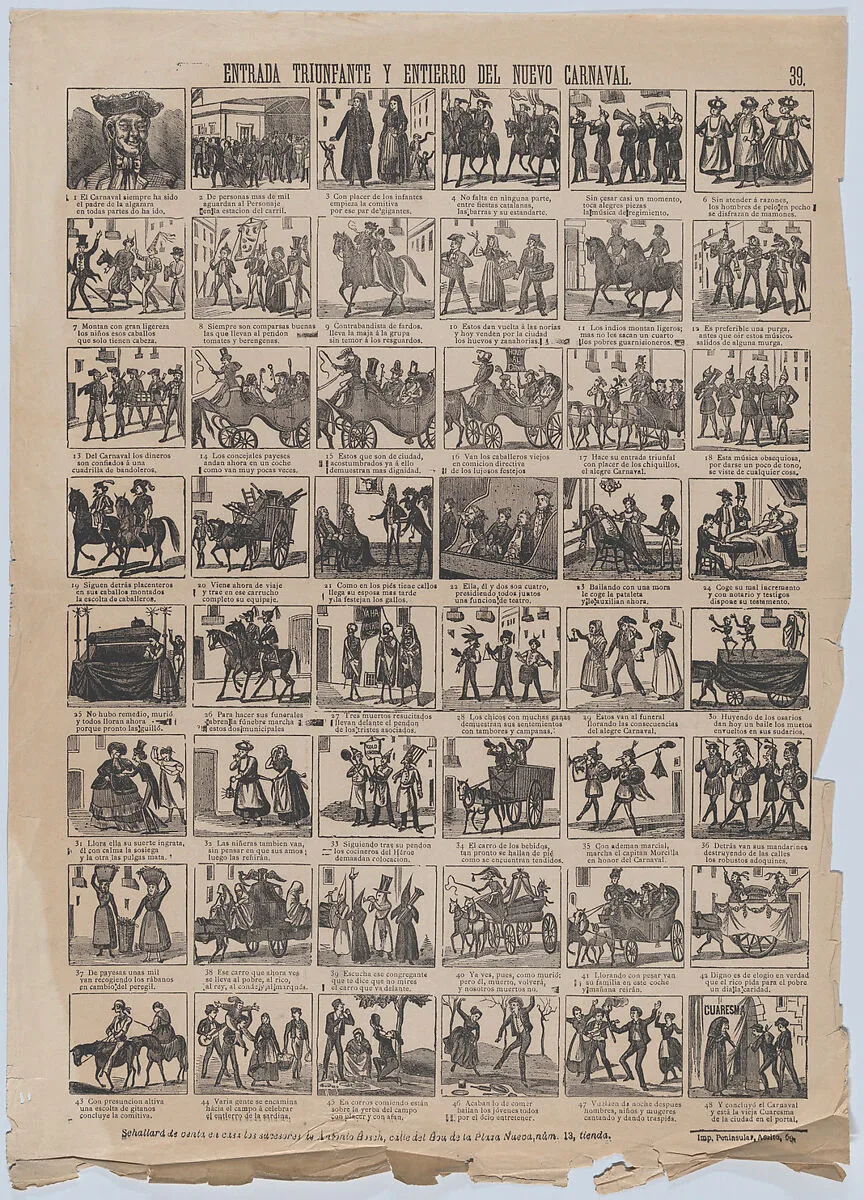 Broadside with 48 scenes depicting the triumphal entry and burial and entry of the new carnival — Antonio Bosch