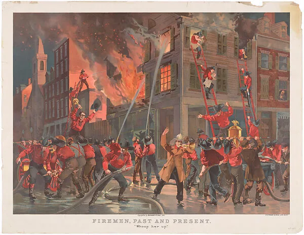 Firemen Past and Present: 'Whoop Her Up" — H. A. Thomas and Wylie Lithographic Company|Buchanan and Lyall
