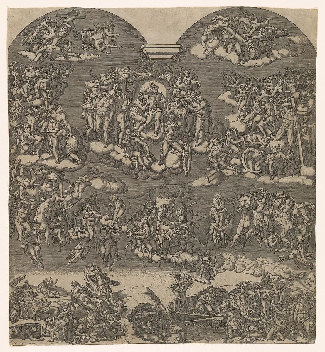 The Last Judgment, Christ at top center surrounded by many figures, below figures sound trumpets and people are being forced from the boat into hell — Anonymous|Michelangelo Buonarroti