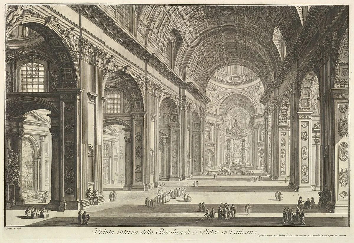 Interior view of St. Peter's Basilica in the Vatican, from Vedute di Roma (Roman Views) — Giovanni Battista Piranesi