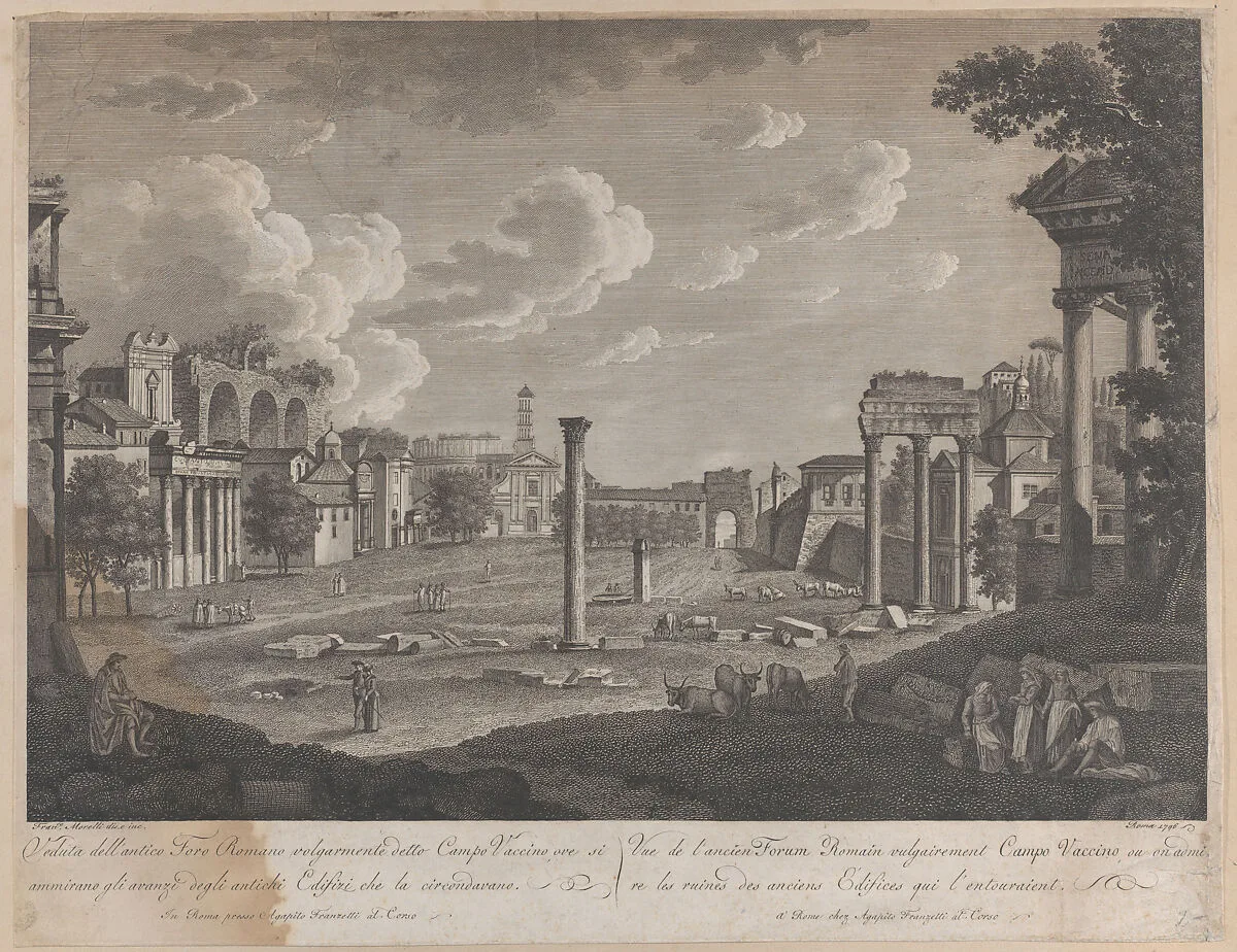 View of the Campo Vaccino, with the Colosseum in the background and the ruins of the Temple of Castor and Pollux at right — François Morel|Agapito Franzetti