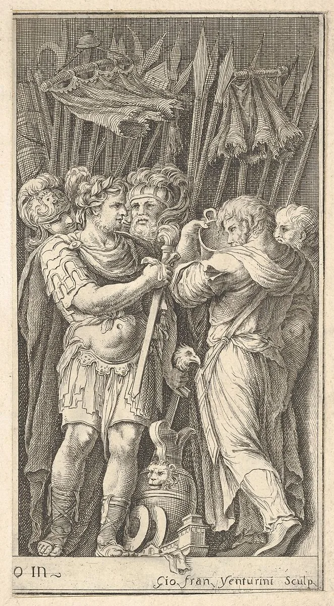 Soldiers, one shown frontally and holding a sword, at right a soldier with his back turned and holding a cup, four soldiers standing behind them with standards and spears, after the lost frescoes by Polidoro da Caravaggio on the façade of the Milesi Palace in Via della Maschera d'Oro, Rome — Giovanni Francesco Venturini|Polidoro da Caravaggio