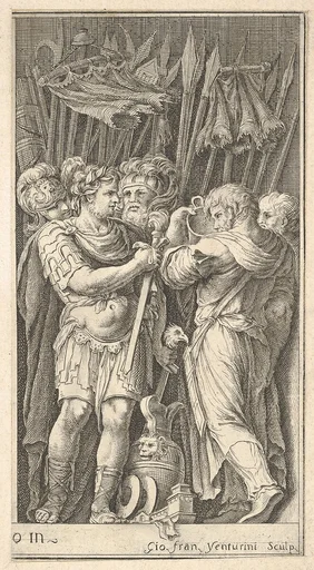 Soldiers, one shown frontally and holding a sword, at right a soldier with his back turned and holding a cup, four soldiers standing behind them with standards and spears, after the lost frescoes by Polidoro da Caravaggio on the façade of the Milesi Palace in Via della Maschera d'Oro, Rome