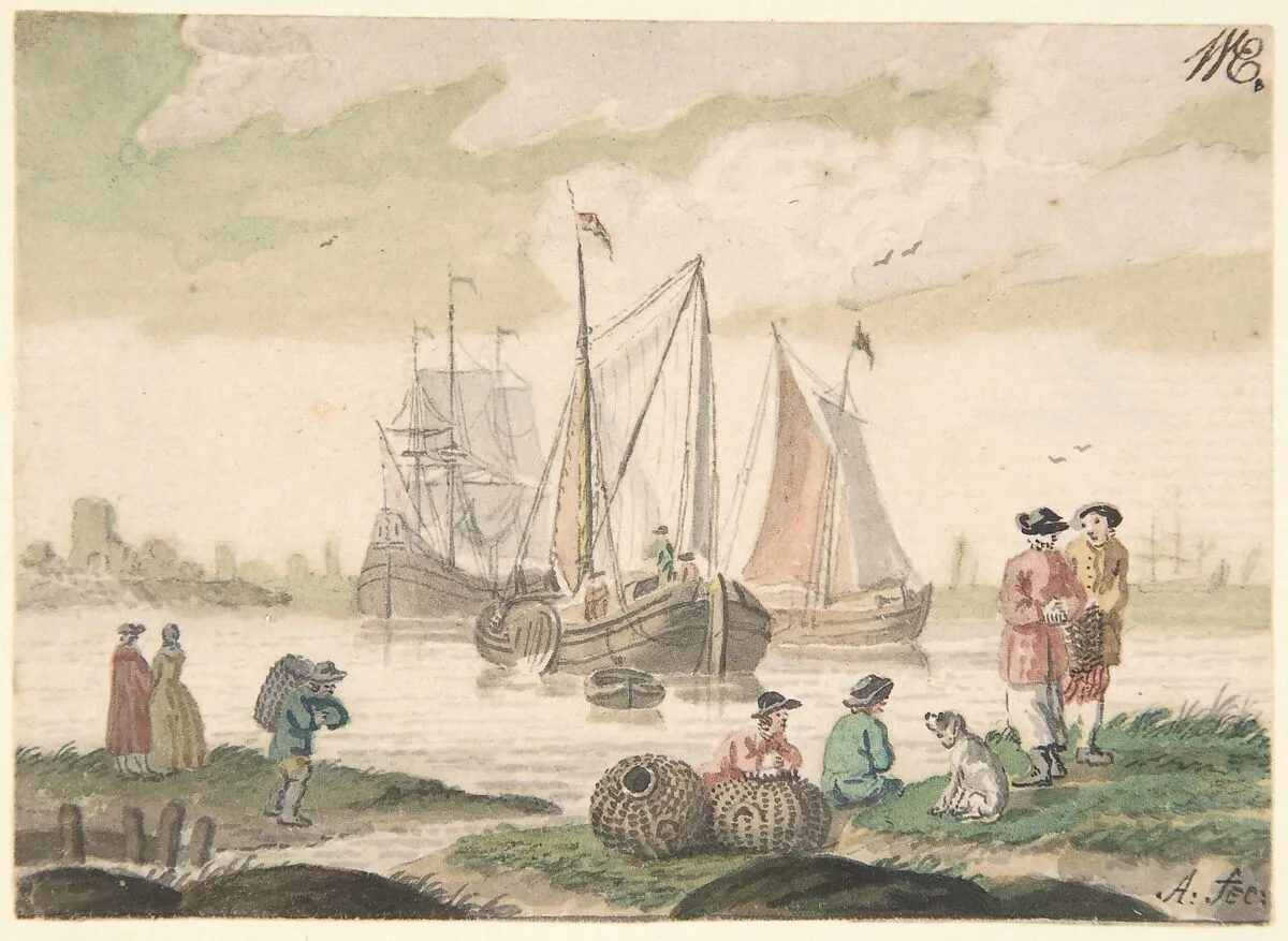 Seascape with Seven Figures and a Dog — Nicolaas Aartman
